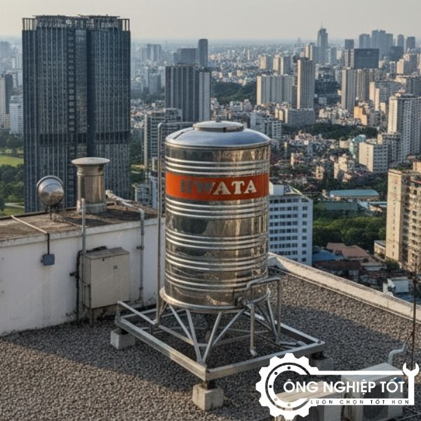 Bồn nước inox đứng 1000L lắp thực tế trên nóc nhà cao tầng